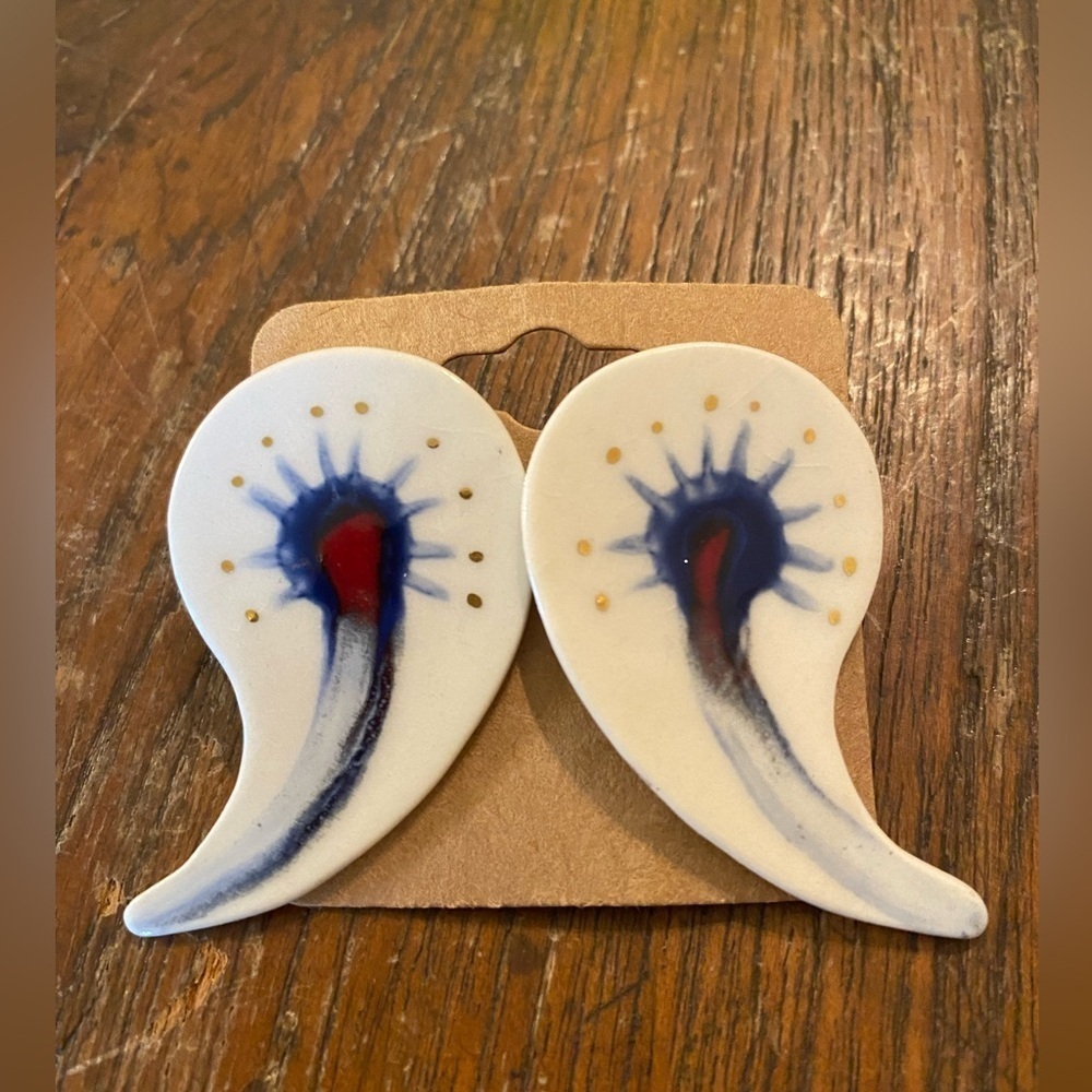 Vintage 1980s Signed Studio Art Ceramic Statement Earrings – Abstract Paisley